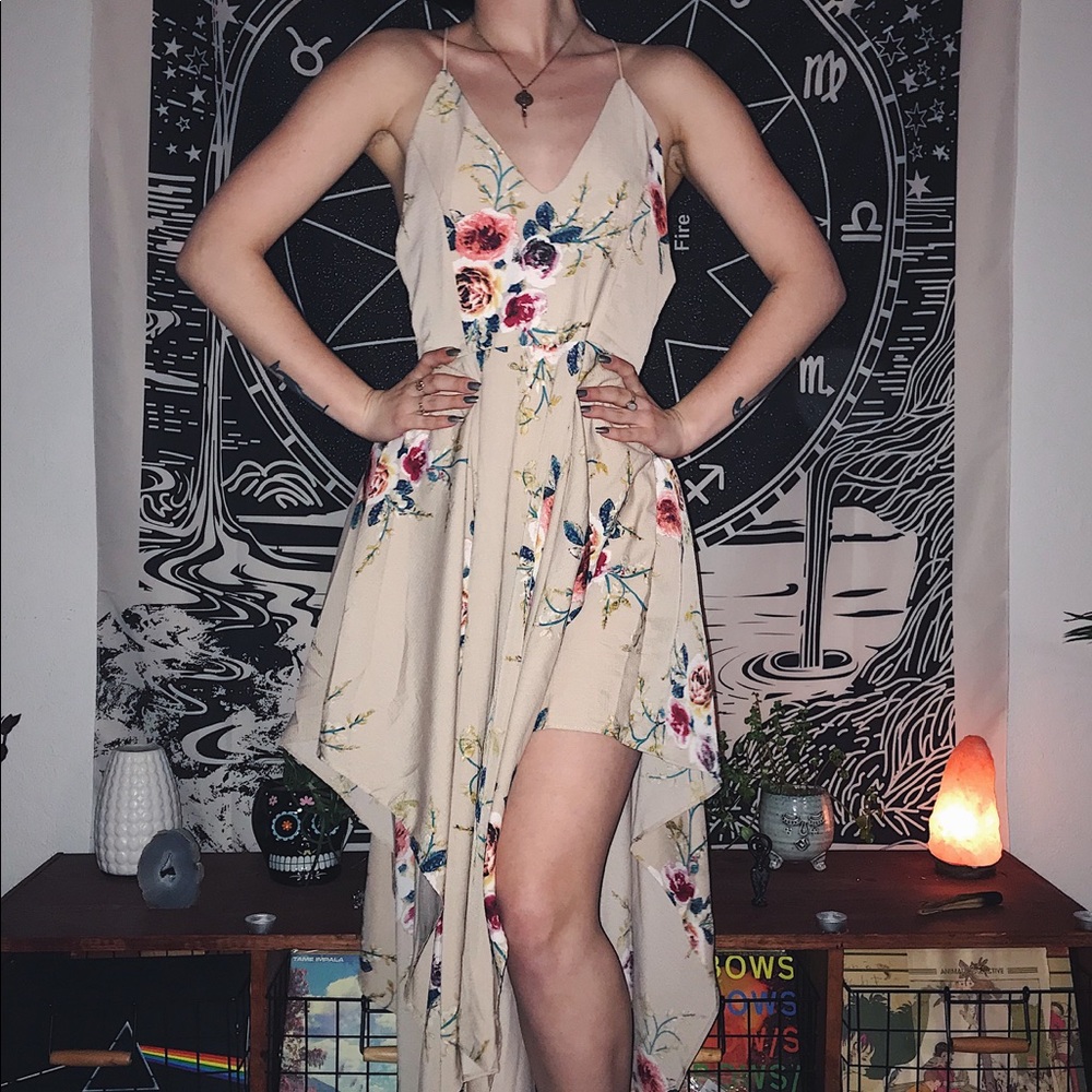 Floral Cream V-Neck Multicolor Asymmetrical Dress